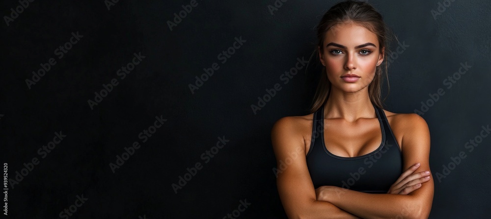Confident Fit Woman in Athletic Wear Against Dark Background for Fitness and Health Concept Stock Photo Confident Fit Woman in Athletic Wear Against Dark Background for Fitness and Health Concept Stock Photo