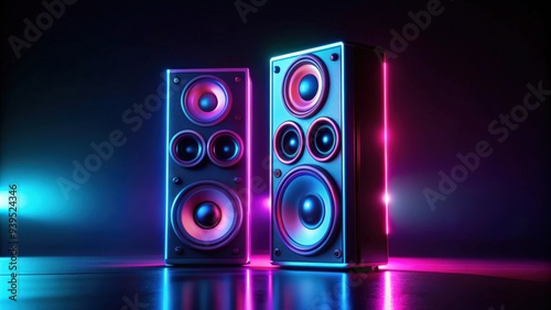 Multimedia acoustic sound speakers with neon lighting on dark background, neon lights, sound system, audio