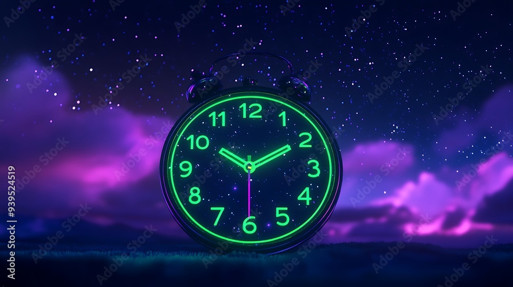 Neon Green and Purple Digital Clock on Night Sky Background with Twinkling Stars - 3D Rendering Neon Green and Purple Digital Clock on Night Sky Background with Twinkling Stars - 3D Rendering