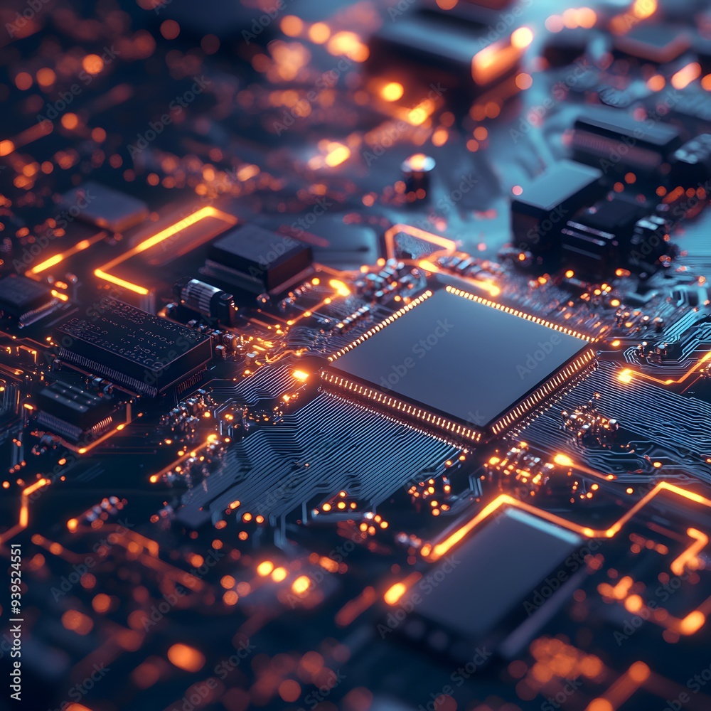 A close-up shot of a microchip circuit board, illustrating intricate details, technology