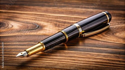 A stylish fountain pen resting on a wooden desk , elegant, luxury, classy, writing instrument, ink