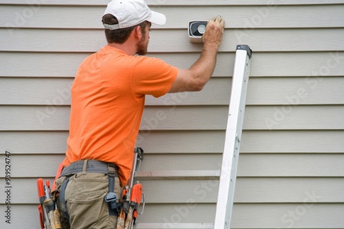 Handyman in Orange Shirt Installing Outdoor Security Camera on Residential Siding photo