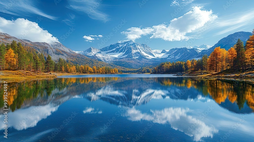 Fototapeta premium Calm mountain lake with mirrored reflections ideal for tranquil and nature-themed backgrounds