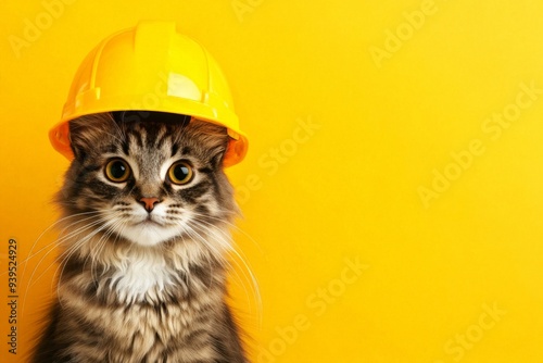 Amusing Construction-Ready Cat Wearing a Safety Helmet on a Vibrant Yellow Background isolated with copy space