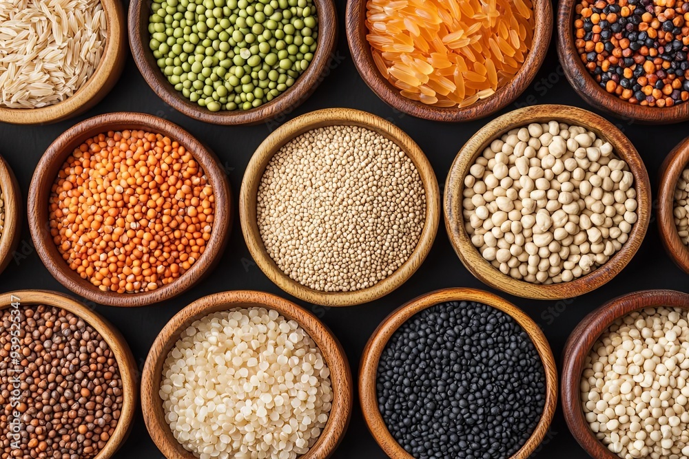 Organic grains, assorted in wooden bowls, 3D illustration Organic grains, assorted in wooden bowls, 3D illustration