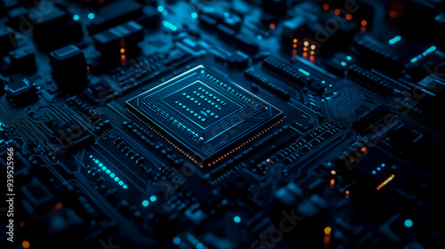 Close-up of an advanced circuit board with chipsets and microcontrollers. photo