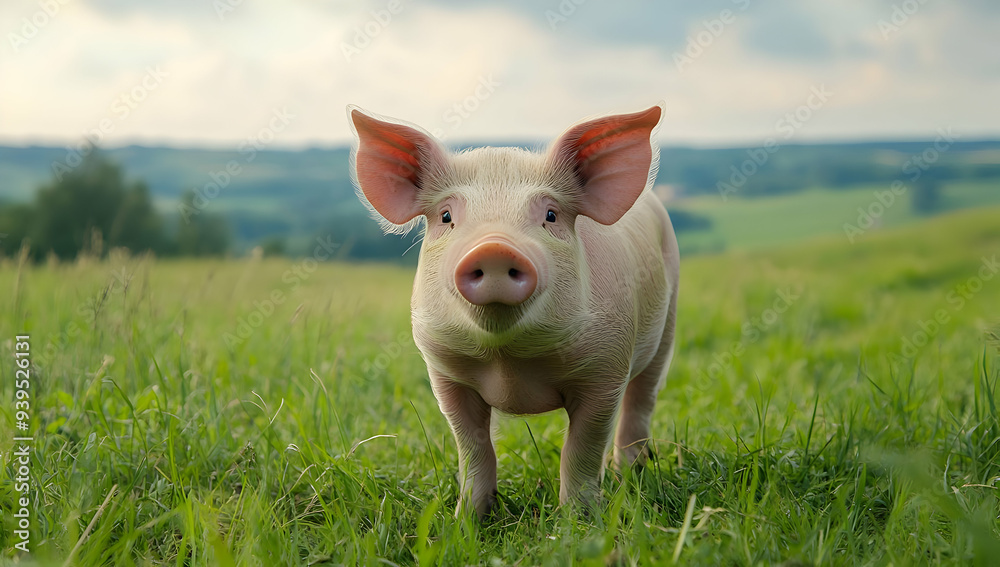 A cute pig standing on green grass, surrounded by a serene countryside landscape under a clear blue sky. A cute pig standing on green grass, surrounded by a serene countryside landscape under a clear blue sky.