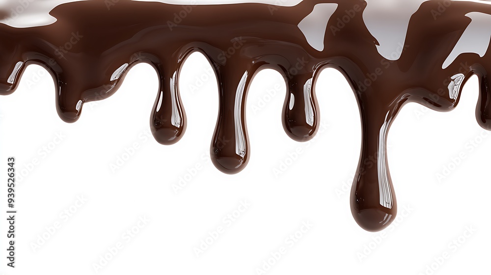 A close-up of a stream of melted chocolate dripping down against a white background. A close-up of a stream of melted chocolate dripping down against a white background.