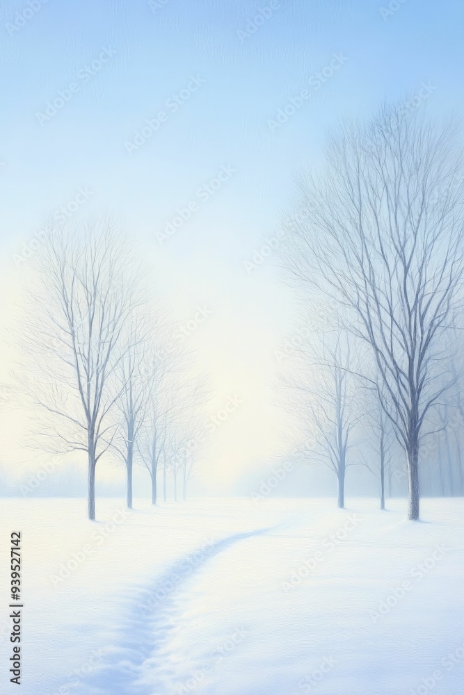 Obraz premium Winter chill embraced by a tranquil scene, where frosted trees stand tall and a soft layer of snow blankets the earth.