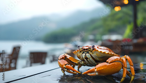 A vibrant crab sits on a table near a serene water view, capturing the essence of coastal dining and seaside charm. photo