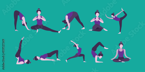 Flat Design of Woman in Various Yoga Poses