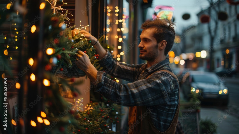 A small business owner decorating the storefront of a new shop, creating an inviting atmosphere for customers A small business owner decorating the storefront of a new shop, creating an inviting atmosphere for customers