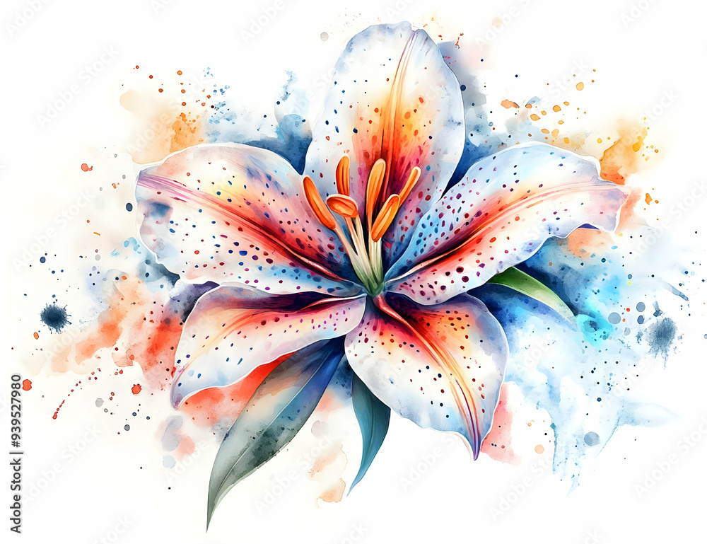 Fototapeta premium A vibrant watercolor illustration of a lily flower, showcasing its delicate petals and bold colors against a splashy background.
