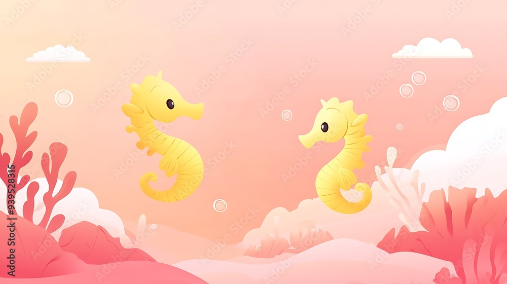 Cheerful Cartoon Vector Seascape with Playful Yellow Seahorses in Coral Pink Sky - Minimalist Design with Scattered Bubbles Cheerful Cartoon Vector Seascape with Playful Yellow Seahorses in Coral Pink Sky - Minimalist Design with Scattered Bubbles