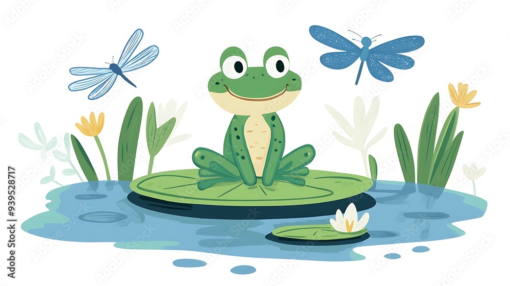 Fototapeta premium Cheerful Frog on Lily Pad in Children's Book Style Illustration