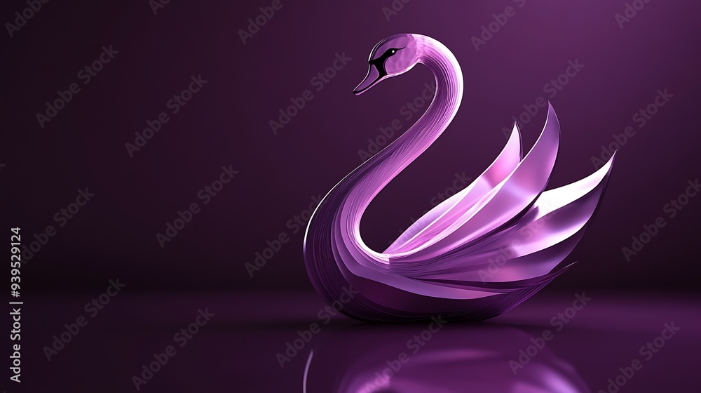 Graceful Swan Logo in Iridescent Mother-of-Pearl on Dark Violet Background - 3D Render
