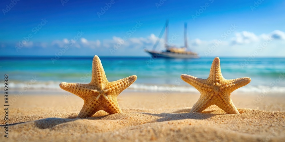 Two starfish lying on sandy beach with blue sea in background, a boat visible in the distance, starfish, beach, blue sea, boat Two starfish lying on sandy beach with blue sea in background, a boat visible in the distance, starfish, beach, blue sea, boat