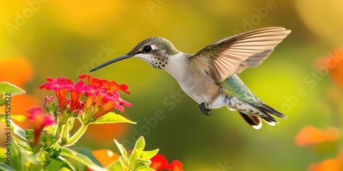 A hummingbird hovers near red flowers.