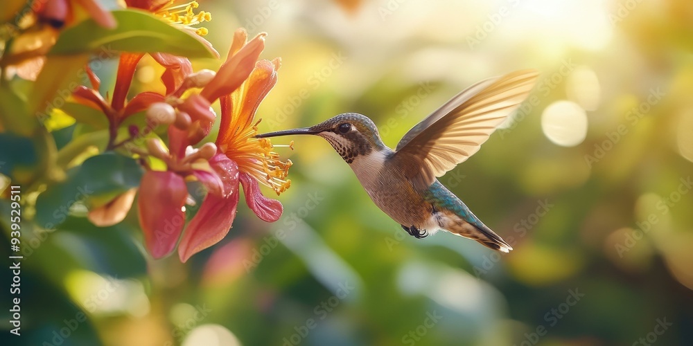 Fototapeta premium Hummingbird in flight, feeding on flower.