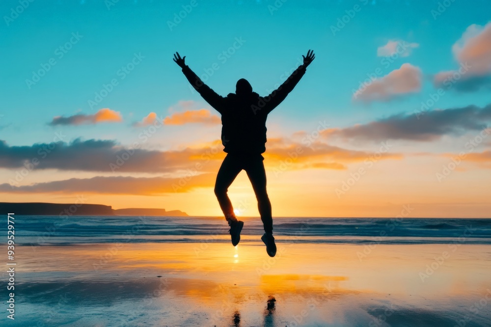 Silhouetted Man Celebrating Freedom at Sunset on Beach Horizon