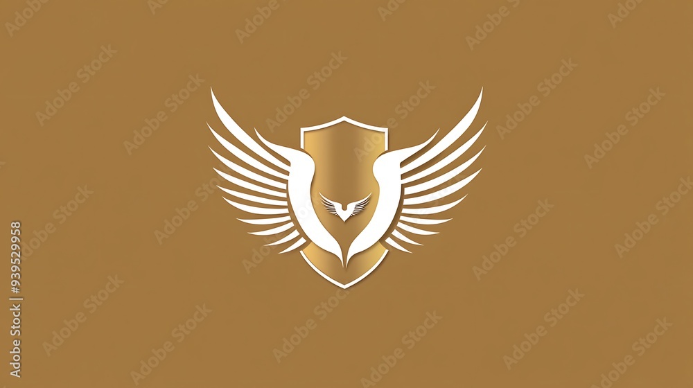Obraz premium Elegant Symmetrical Logo Design with Wings and Shield on Gold Background in Vector Style