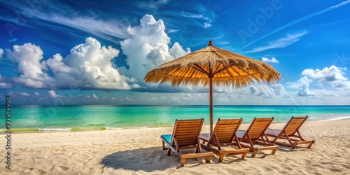 Fototapeta Naklejka Na Ścianę i Meble -  Sunchairs and umbrella set up on a beautiful Caribbean beach, beach, tropical, relaxation, vacation, travel, destination, paradise