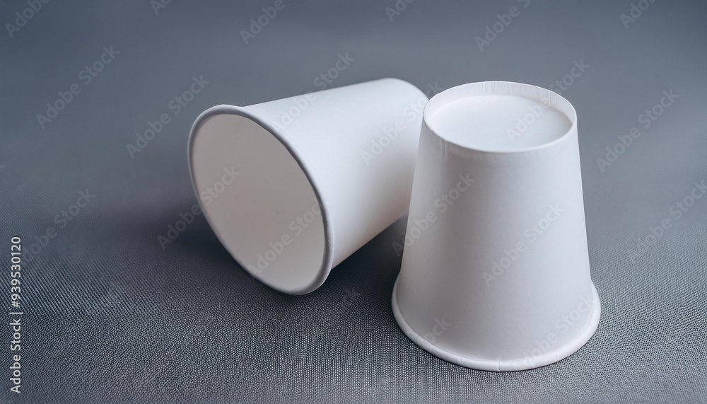Two white disposable paper cups on gray surface. Mock-up. Two white disposable paper cups on gray surface. Mock-up.