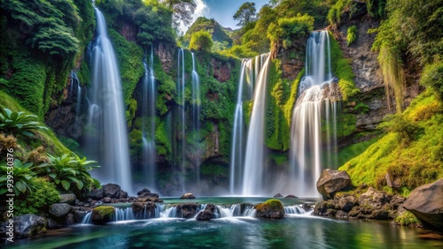 Beautiful cascading waterfall located near the majestic Mount Rinjani in Lombok, Indonesia, waterfall, Jeruk Manis