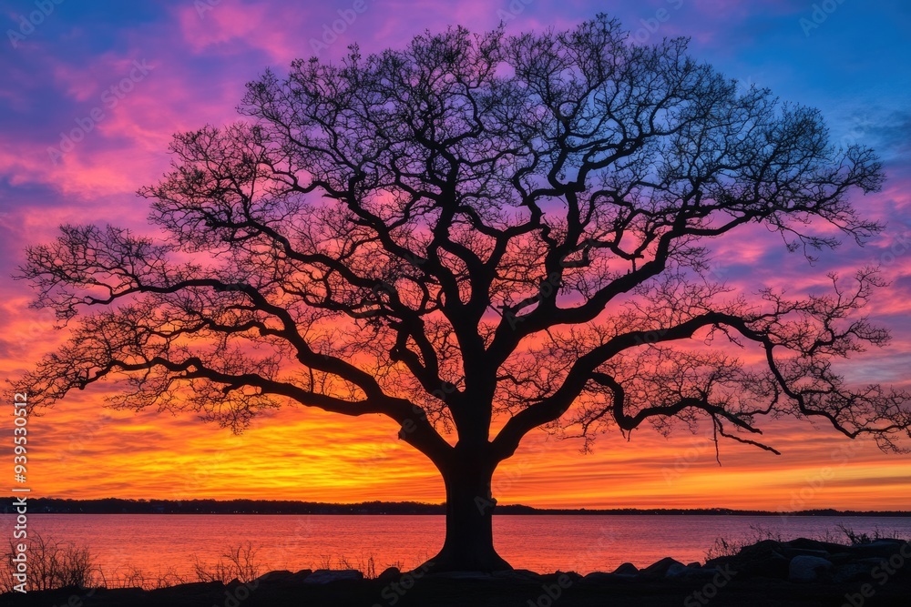 Connecticut Silhouette. Glowing Sunrise Sky behind Silhouetted Oak Tree on Mason's Island, Mystic, CT, USA Connecticut Silhouette. Glowing Sunrise Sky behind Silhouetted Oak Tree on Mason's Island, Mystic, CT, USA