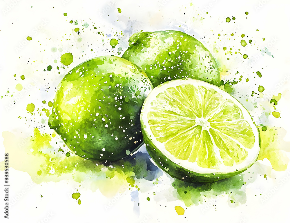 Vibrant watercolor illustration of fresh limes, showcasing their juicy texture and refreshing color, perfect for culinary themes. Vibrant watercolor illustration of fresh limes, showcasing their juicy texture and refreshing color, perfect for culinary themes.