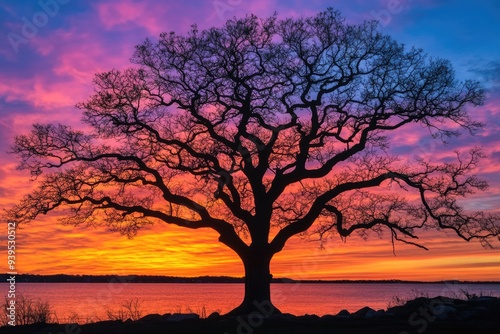 Connecticut Silhouette. Glowing Sunrise Sky behind Silhouetted Oak Tree on Mason's Island, Mystic, CT, USA