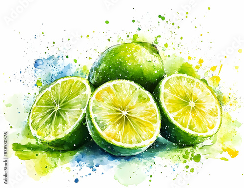 Vibrant watercolor illustration of fresh limes, showcasing their juicy slices and lively green hues with colorful splashes.