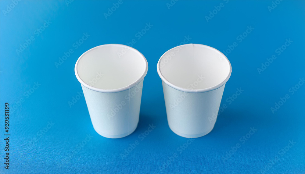 Two white disposable paper cups on blue surface. Mock-up. Two white disposable paper cups on blue surface. Mock-up.