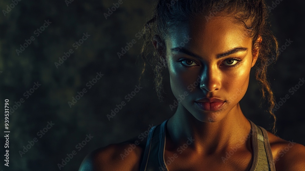 Moody Portrait of a Young Woman with Intense Gaze and Dramatic Lighting Moody Portrait of a Young Woman with Intense Gaze and Dramatic Lighting