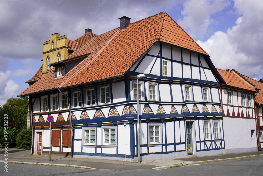 Details of a colorful half-timbered facade in Duderstadt, Lower Saxony, Germany. Details of a colorful half-timbered facade in Duderstadt, Lower Saxony, Germany.