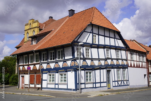 Details of a colorful half-timbered facade in Duderstadt, Lower Saxony, Germany. photo