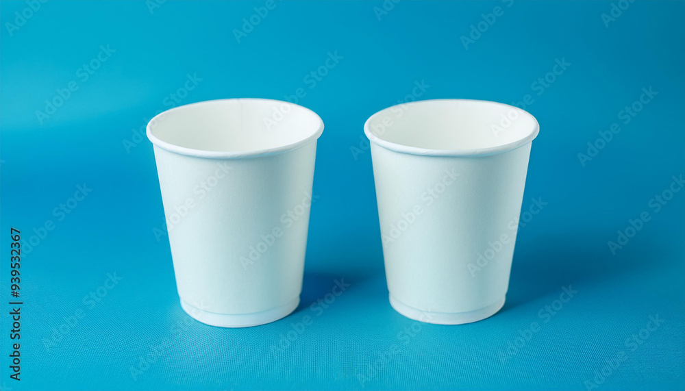 Two white disposable paper cups on blue surface. Mock-up. Two white disposable paper cups on blue surface. Mock-up.