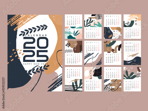 calendar 2025 mockup vector abstract flowers style