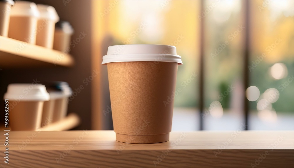 Empty brown 3D paper coffee cup on cafe shelf, copy space Empty brown 3D paper coffee cup on cafe shelf, copy space