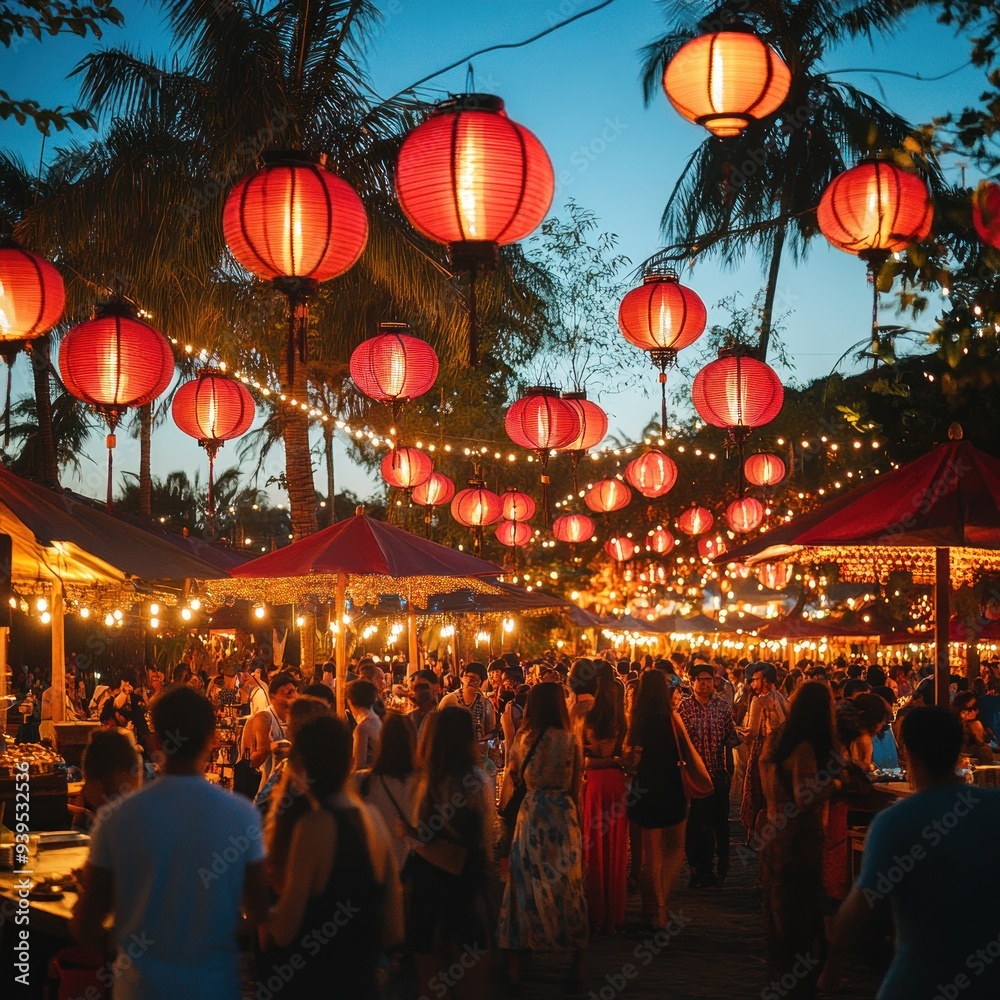 Night Market with Red Lanterns and Palm Trees Photo Night Market with Red Lanterns and Palm Trees Photo