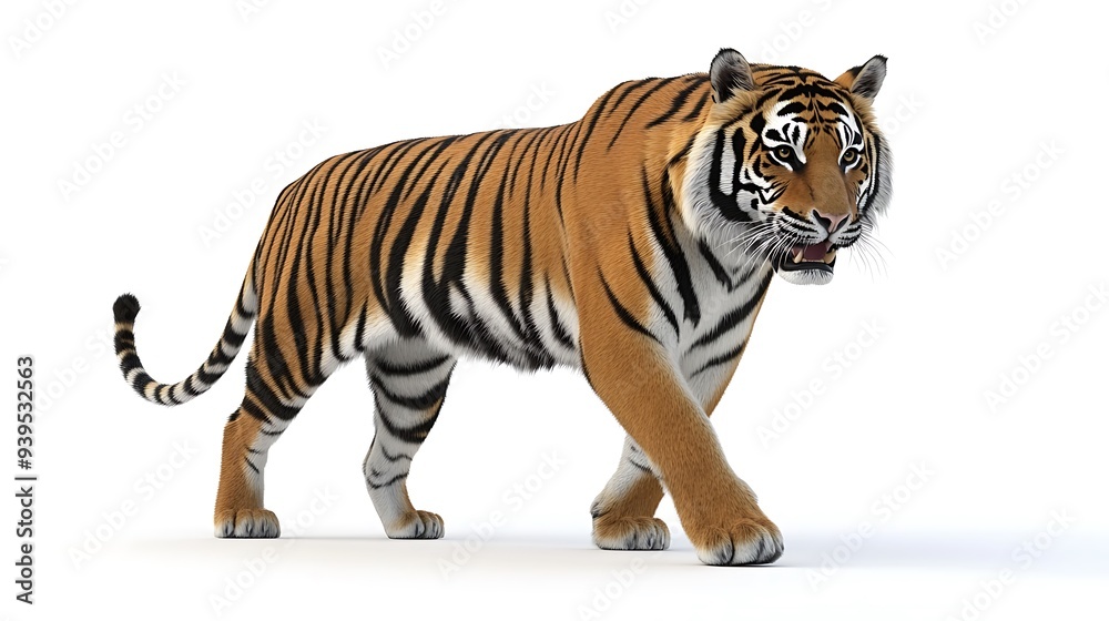 Obraz premium Majestic 3D Tiger Striding on White Background - Full-Body Shot of Powerful Wild Animal in Motion