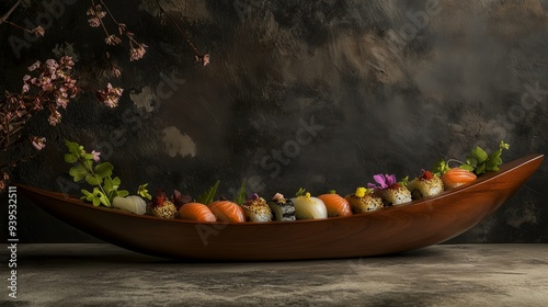 Boat with assorted sushi pieces, elegantly arranged