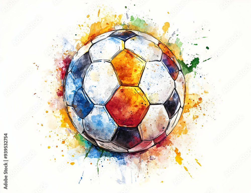 Fototapeta premium A vibrant watercolor illustration of a soccer ball, showcasing dynamic colors and splashes that embody the spirit of the game.
