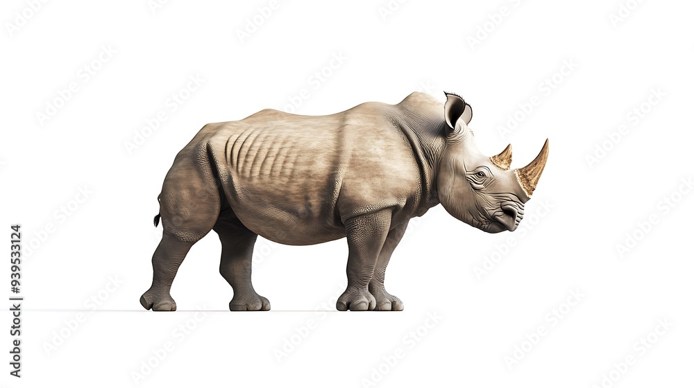 Fototapeta premium Majestic 3D Render of a Rhinoceros Walking Gracefully on a White Background - Full Body Shot
