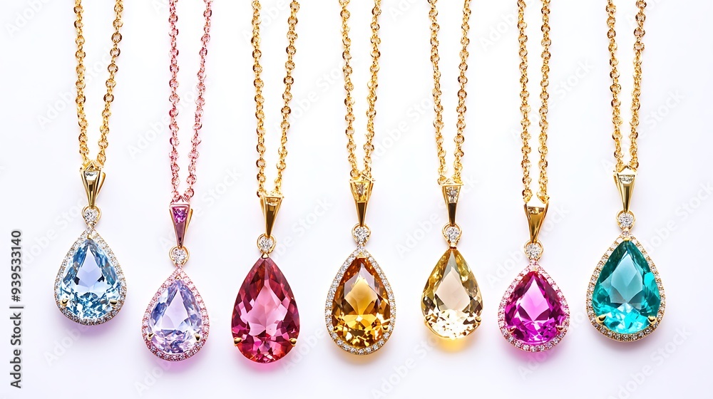 Gold necklaces with teardrop-shaped gemstones in various colors. Gold necklaces with teardrop-shaped gemstones in various colors.