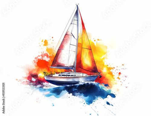 A vibrant watercolor painting of a sailing boat gliding through colorful waves, evoking a sense of adventure and tranquility.