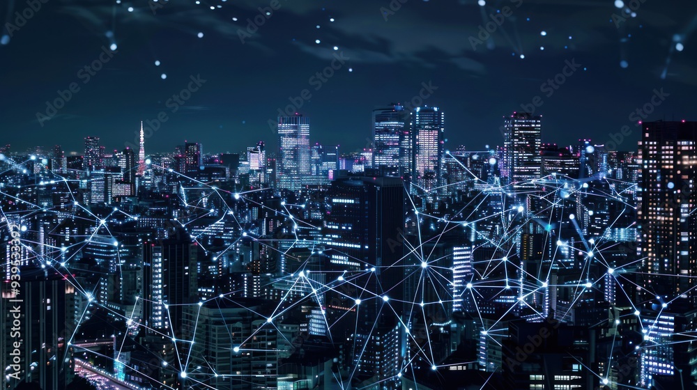 Cityscape at Night with Network Connections Cityscape at Night with Network Connections