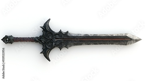 Majestic Shadowfang Sword Featuring Sleek Blade, Isolated on White Background