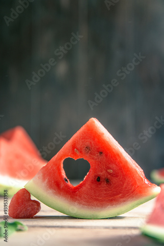 A cut piece of watermelon with a heart-shaped hole. Summer, joy, happiness, delicious food photo