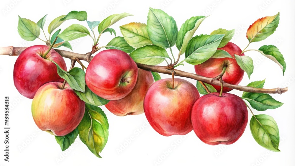 Obraz premium Watercolour of apples on a branch with leaves , apples, branch, leaves, watercolor, painting, fruit, botanical, colorful